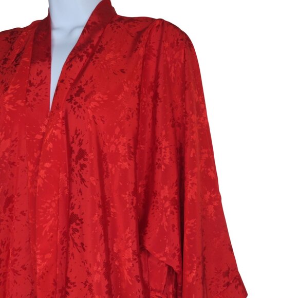 New Vintage 90s Mervyns Sabrina Red Floral Kimono Robe Jacket OS Belted USA Made - Picture 3 of 9
